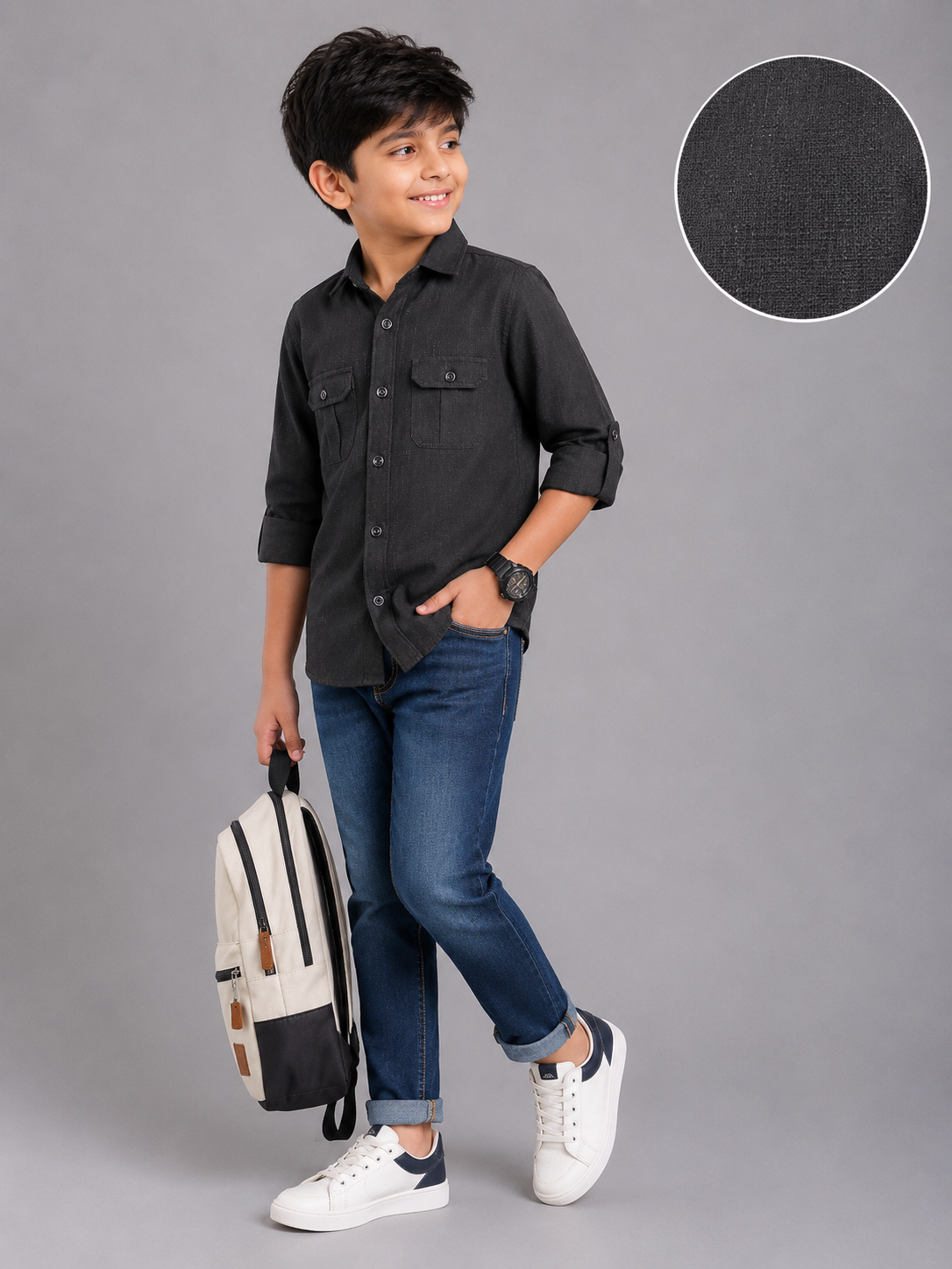 Boy's Charcoal Dual Pocket Casual Shirt
