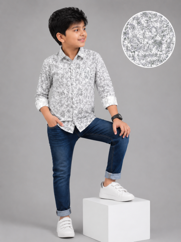 Boys' Stylish Monochrome Floral Print Casual Shirt - Image 3