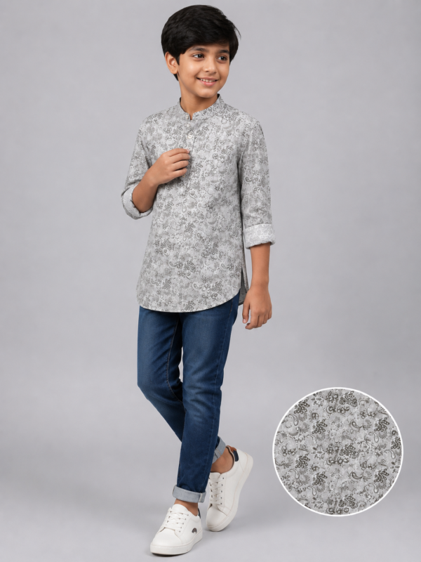 Boys' Grey Paisley Print Band Collar Casual Kurta Shirt - Image 2