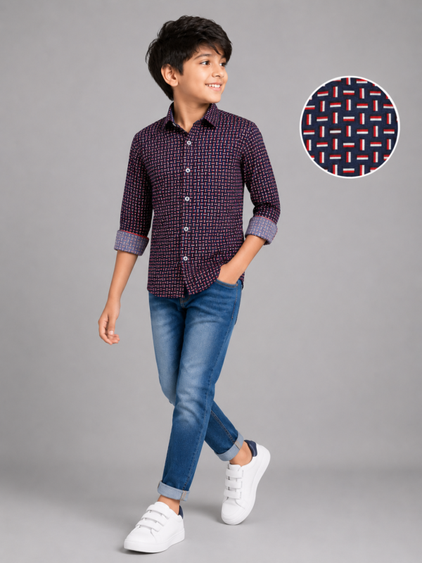 Boys Navy Blue Geometric Print Cotton Shirt - Image 2