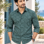 Men's Forest Green Botanical Print Long Sleeve Casual Shirt