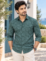 Men's Forest Green Botanical Print Long Sleeve Casual Shirt