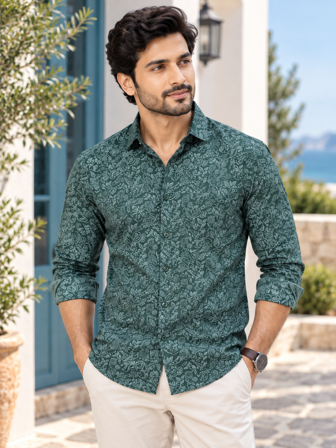 06c59e57-5e27-4354-9bde-426df4c221ce Men's Forest Green Botanical Print Long Sleeve Casual Shirt - Image 1