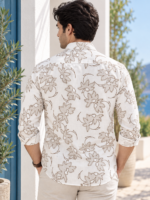 Men's Beige Floral Print Linen-Blend Casual Shirt - Image 4