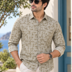 Sage Green Geometric Floral Print Linen-Blend Shirt