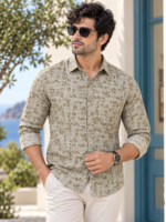 Sage Green Geometric Floral Print Linen-Blend Shirt