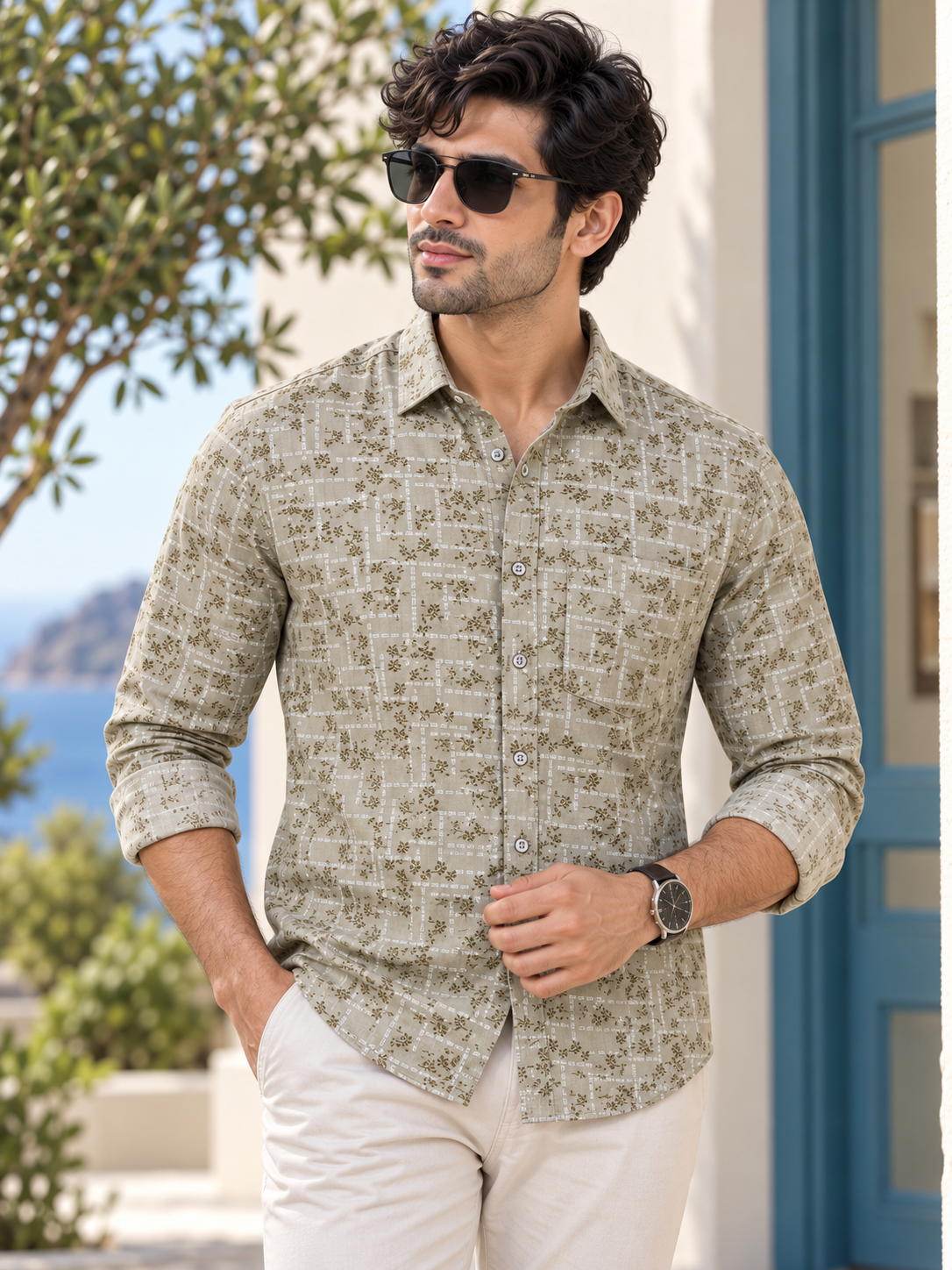 0ac39bb9-2c0e-472b-819b-b7bf9772b4b1 Sage Green Geometric Floral Print Linen-Blend Shirt - Image 1