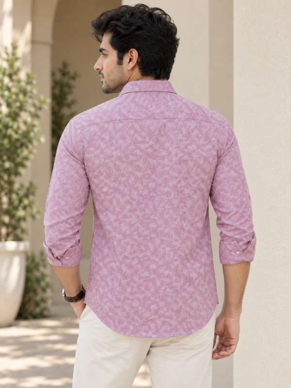Dusty Rose Men's Leaf Print Cotton Button-Down Shirt - Image 4