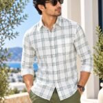 Men's Sage Green & White Plaid Linen-Blend Casual Shirt