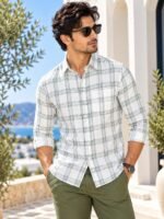 Men's Sage Green & White Plaid Linen-Blend Casual Shirt