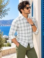 Men's Sage Green & White Plaid Linen-Blend Casual Shirt - Image 2