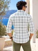 Men's Sage Green & White Plaid Linen-Blend Casual Shirt - Image 4