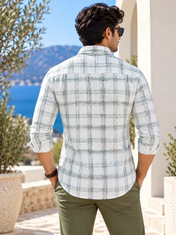 Men's Sage Green & White Plaid Linen-Blend Casual Shirt - Image 4