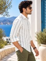 Men's White & Olive Vertical Striped Casual Linen-Blend Shirt - Image 3