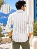 Men's White & Olive Vertical Striped Casual Linen-Blend Shirt - Image 2