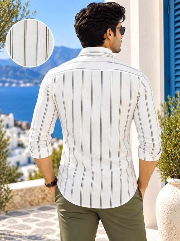 Men's White & Olive Vertical Striped Casual Linen-Blend Shirt - Image 2