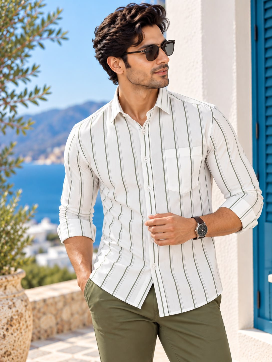 2026/07/1001655551.jpg Men's White & Olive Vertical Striped Casual Linen-Blend Shirt - Image 1