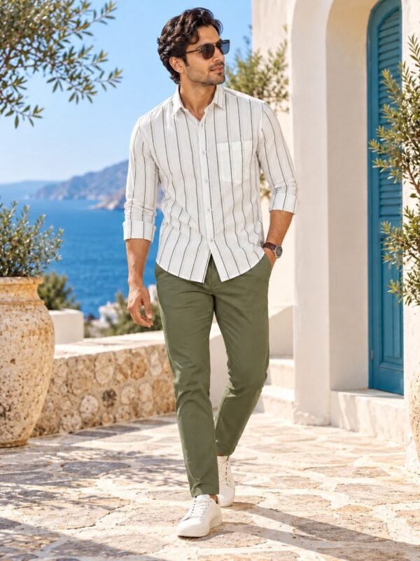 Men's White & Olive Vertical Striped Casual Linen-Blend Shirt - Image 4