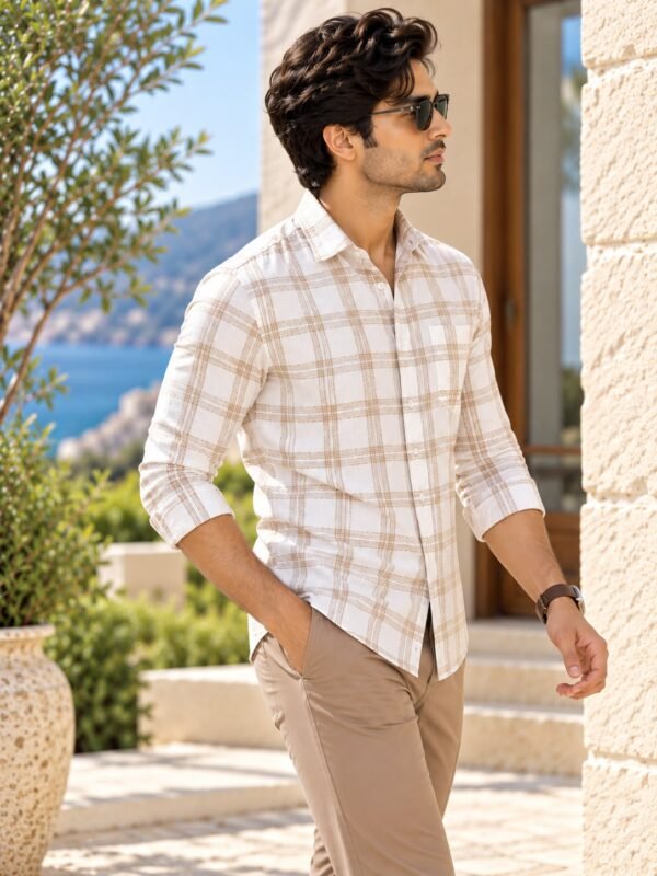 Men's Luxury Linen-Blend Check Casual Shirt - Image 3