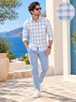 Men's Blue and White Windowpane Check Linen-Blend Casual Shirt - Image 3