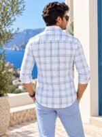 Men's Blue and White Windowpane Check Linen-Blend Casual Shirt - Image 4