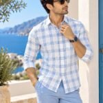 Men's Blue and White Windowpane Check Linen-Blend Casual Shirt