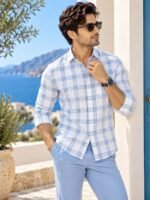 Men's Blue and White Windowpane Check Linen-Blend Casual Shirt