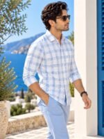Men's Blue and White Windowpane Check Linen-Blend Casual Shirt - Image 2