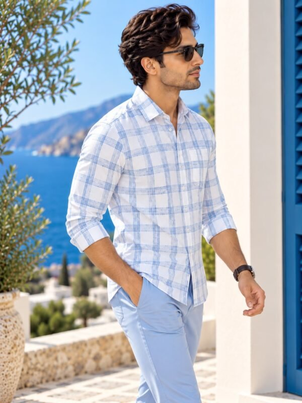 Men's Blue and White Windowpane Check Linen-Blend Casual Shirt - Image 2