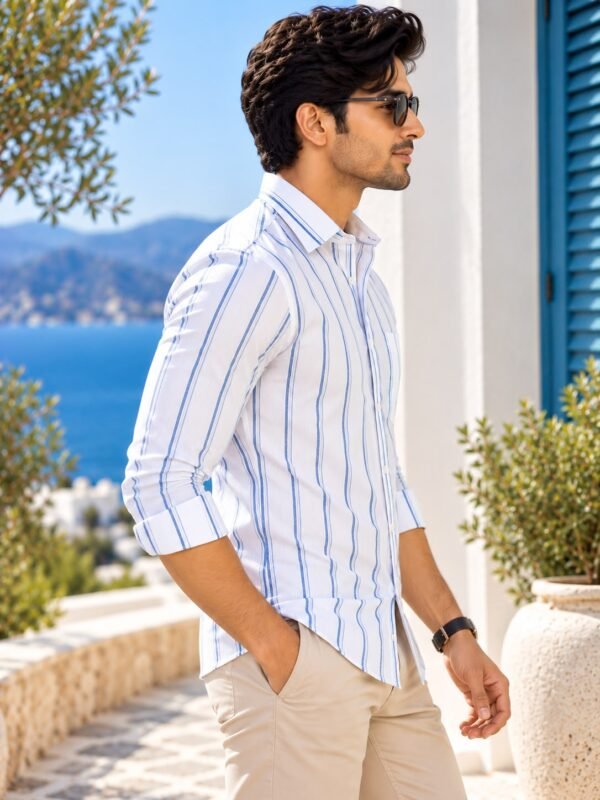 Men's Coastal Blue & White Striped Long Sleeve Button-Down Shirt - Image 3