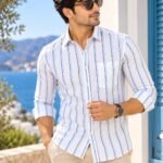 Men's Coastal Blue & White Striped Long Sleeve Button-Down Shirt