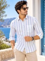 Men's Coastal Blue & White Striped Long Sleeve Button-Down Shirt