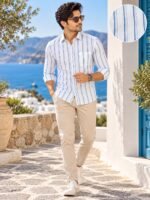 Men's Coastal Blue & White Striped Long Sleeve Button-Down Shirt - Image 4