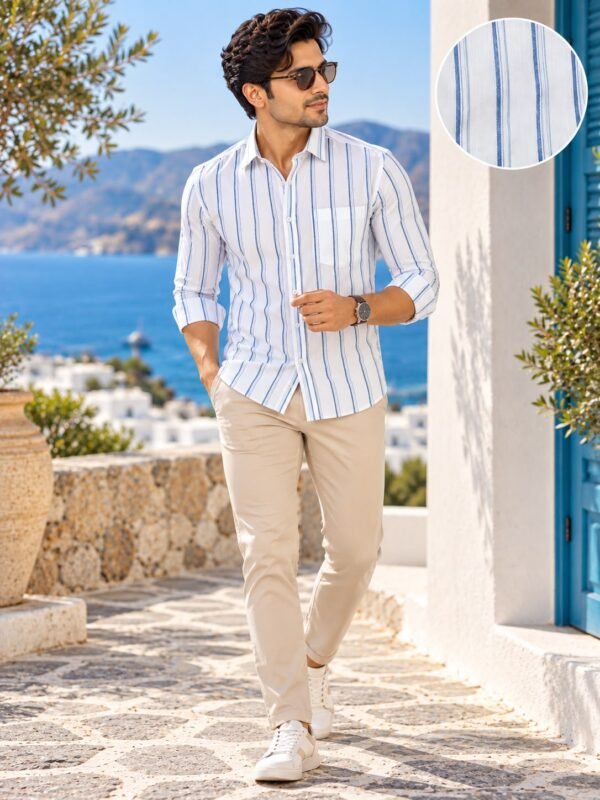 Men's Coastal Blue & White Striped Long Sleeve Button-Down Shirt - Image 4