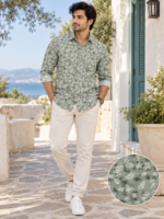 Sage Green Floral Print Long-Sleeve Cotton Shirt - Image 3