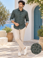 Men's Forest Green Botanical Print Long Sleeve Casual Shirt - Image 3