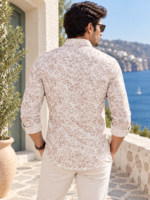 Men's Beige Leaf Print Casual Button-Down Shirt - Image 4