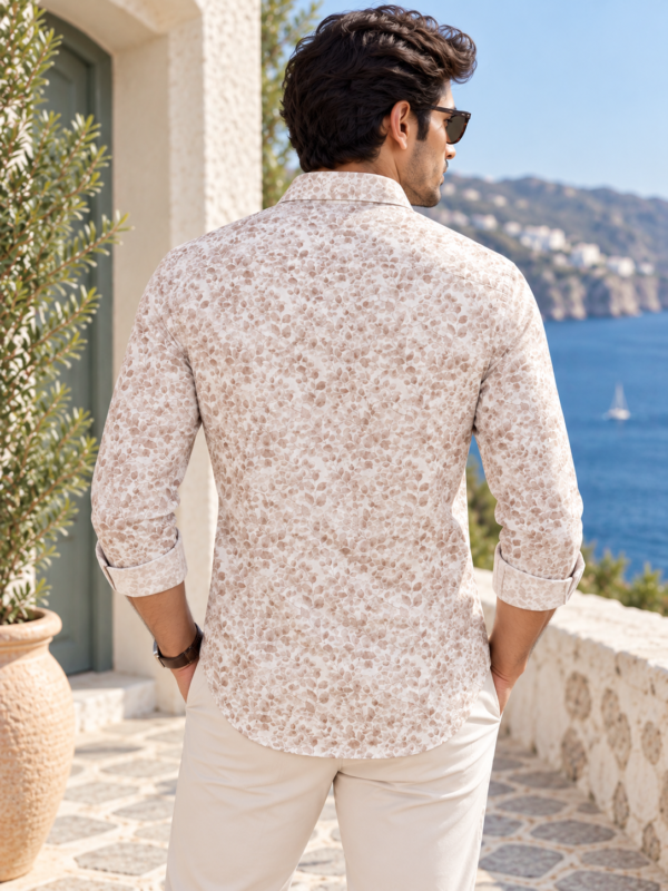 Men's Beige Leaf Print Casual Button-Down Shirt - Image 4