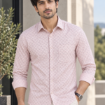 Men's Dusty Rose Geometric Print Slim-Fit Casual Shirt