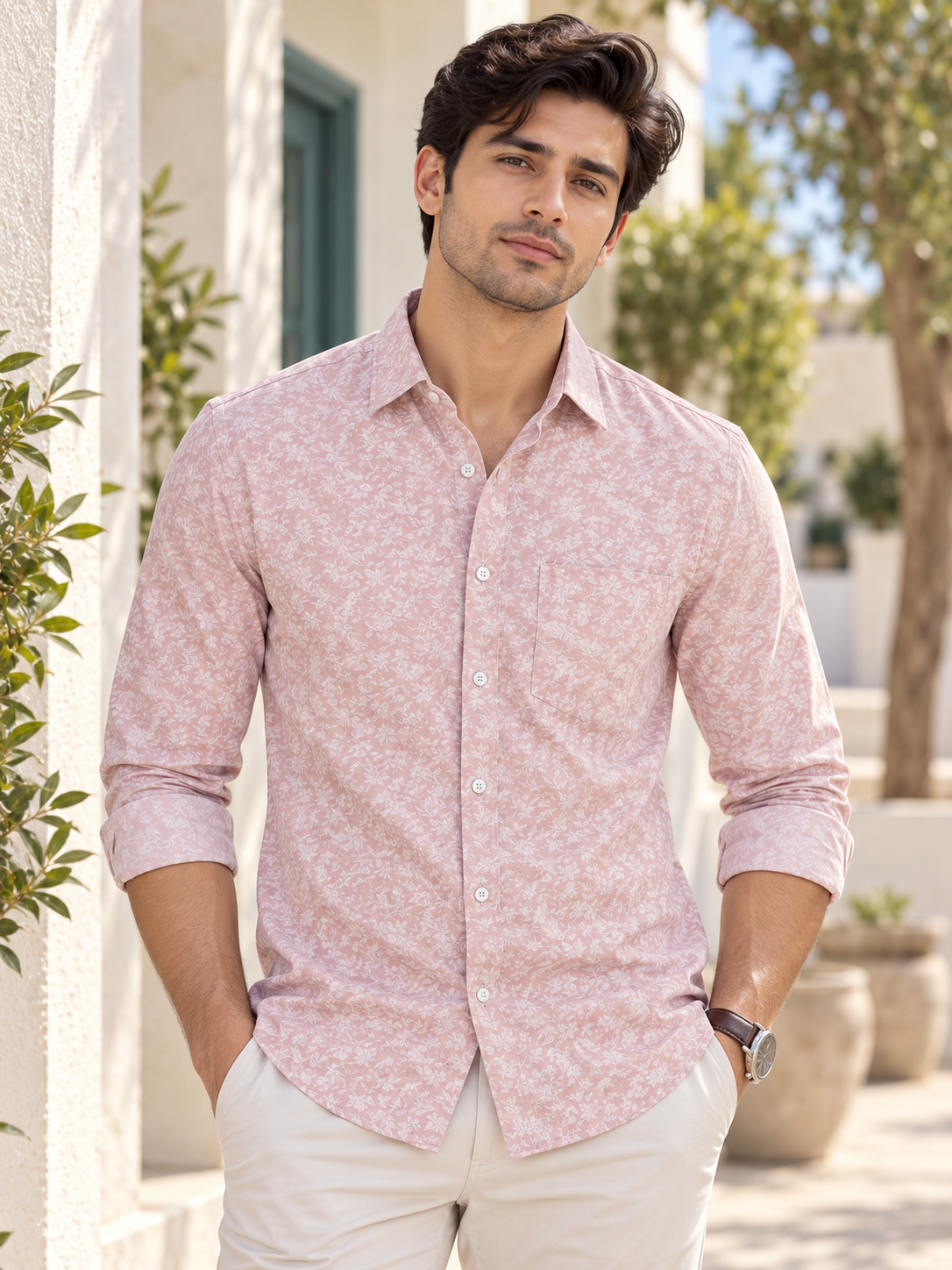 191ad81e-adca-4173-a123-3a75f24ca89b Men's Soft Blush Floral Print Long Sleeve Button-Down Shirt - Image 1