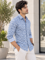 Men's Modern Blue Botanical Print Long Sleeve Shirt - Image 2