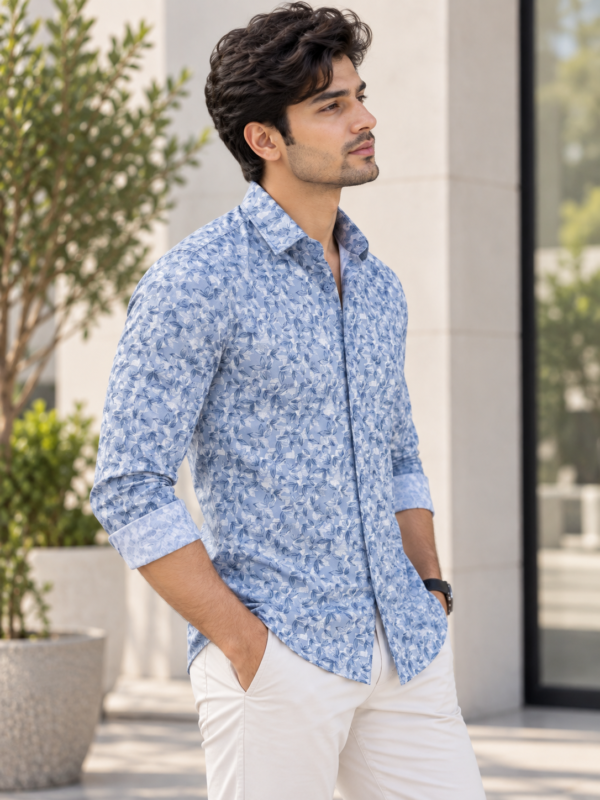 Men's Modern Blue Botanical Print Long Sleeve Shirt - Image 2