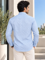 Men's Light Blue Geometric Print Long Sleeve Casual Shirt - Image 4