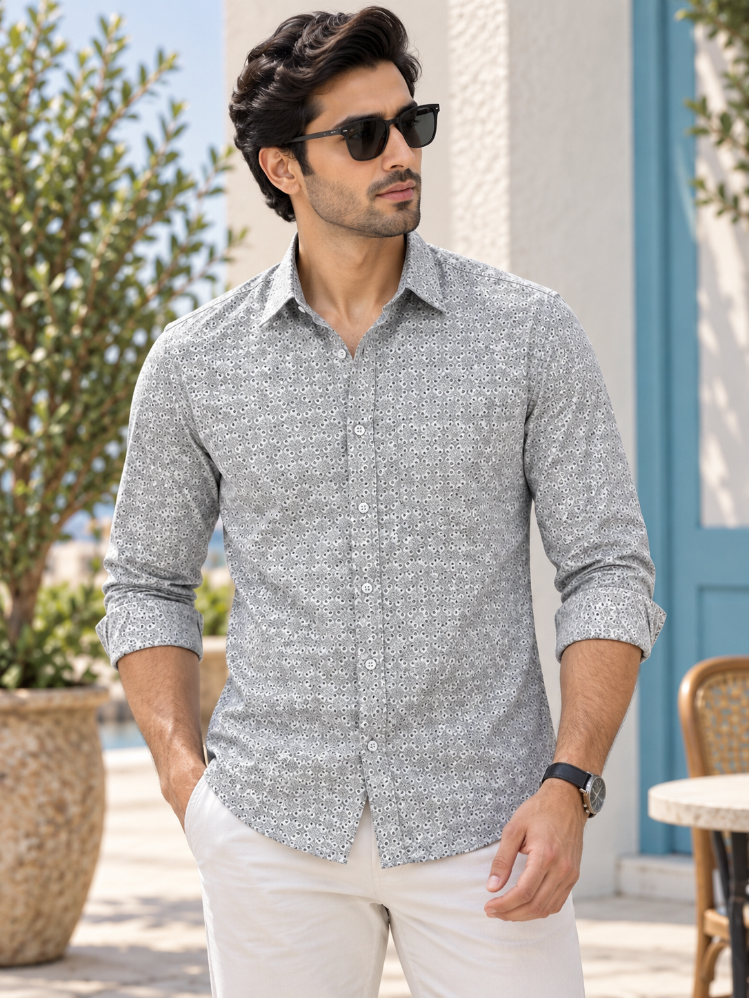 1fa91133-035b-43da-bab7-79786263f222 Men's Grey Floral Print Slim-Fit Casual Shirt - Image 1