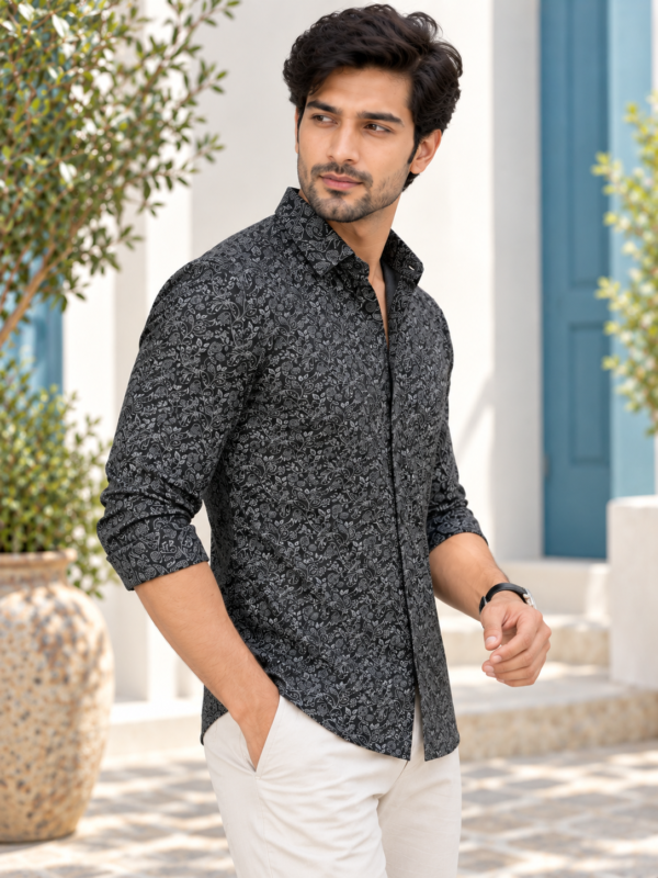 Midnight Floral Print Slim-Fit Men's Button-Down Shirt - Image 2