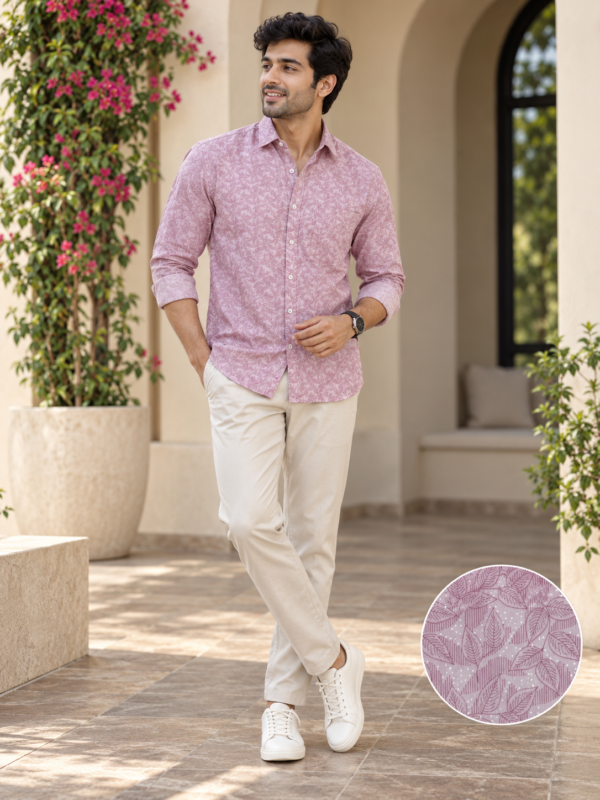 Dusty Rose Men's Leaf Print Cotton Button-Down Shirt - Image 3