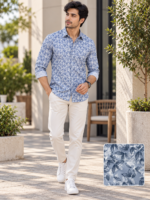 Men's Modern Blue Botanical Print Long Sleeve Shirt - Image 3