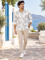Men's White Floral Print Linen Blend Casual Shirt - Image 3