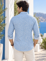 Coastal Blue Floral Print Long-Sleeve Cotton Shirt - Image 4