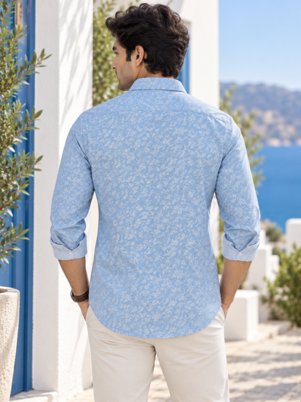 Coastal Blue Floral Print Long-Sleeve Cotton Shirt - Image 4